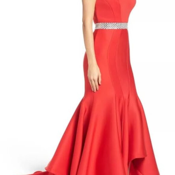 Jovani Red Strapless Mermaid Prom Gown With Silver Belt Size 2 - Picture 6 of 15